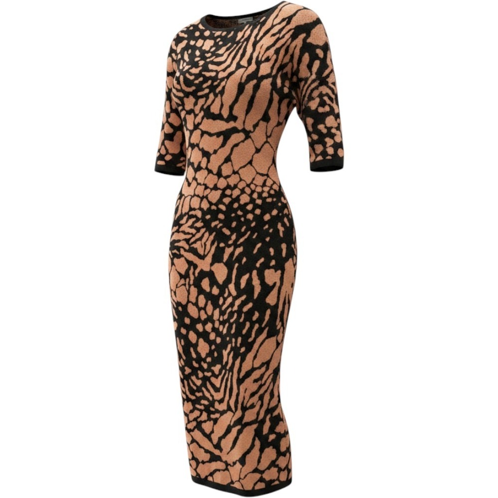 Anthropologie Animal Print Sweater Dress Tan Black Batwing Midi Front Slit S